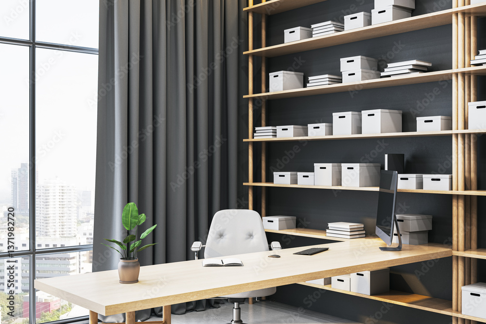 Modern executive office with wooden desk, shelves, and storage boxes. Large window with city view and dark curtains in the background. 3D Rendering