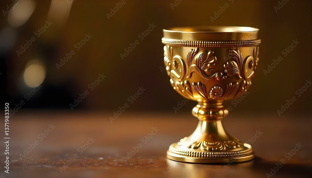 A close-up shot features a golden chalice, intricately decorated with ornate patterns and designs, set against a blurred background A close-up shot features a golden chalice, intricately decorated with ornate patterns and designs, set against a blurred background