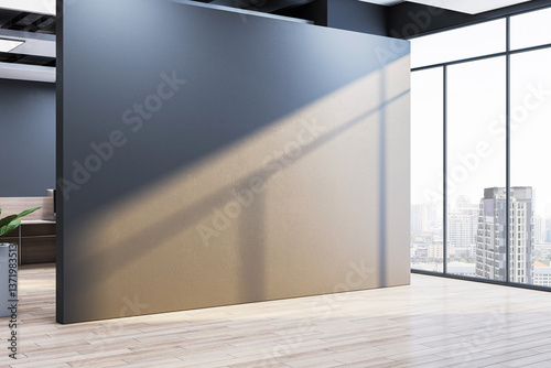 Fototapeta Naklejka Na Ścianę i Meble -  Blank wall in modern office interior with large windows and city view, ideal for poster, frame, or logo mockup display template. 3D Rendering