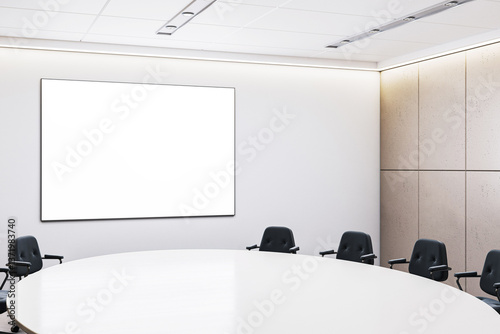 Obraz na płótnie Modern conference room interior with blank white screen on wall and round meeting table surrounded by black office chairs in clean layout. 3D Rendering w salonie
