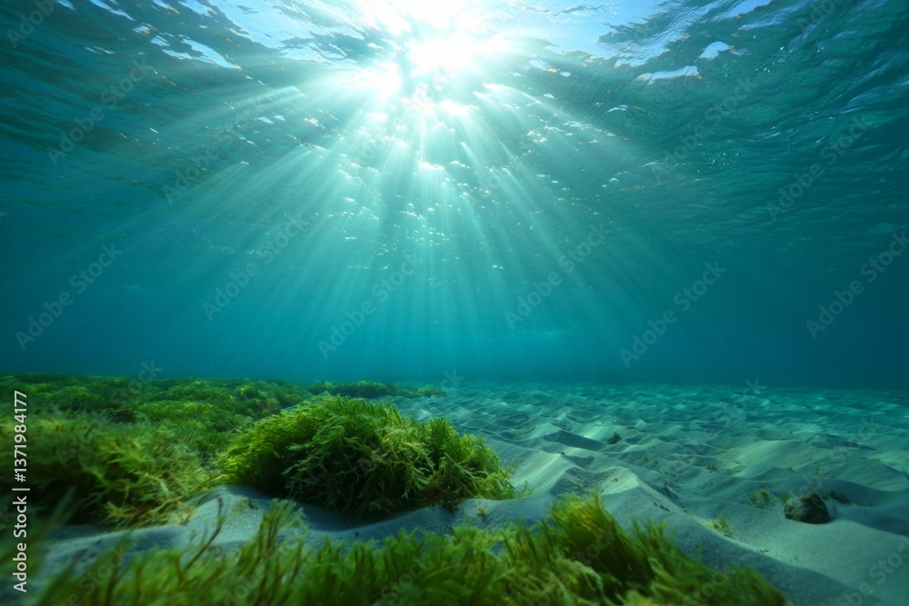 Fototapeta premium A view of the sun shining through the water over a sandy beach