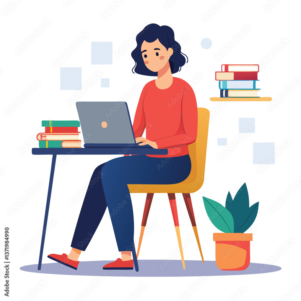 a woman is using his laptop sitting on a chair looking in the laptop colourful vector on a white background a woman is using his laptop sitting on a chair looking in the laptop colourful vector on a white background