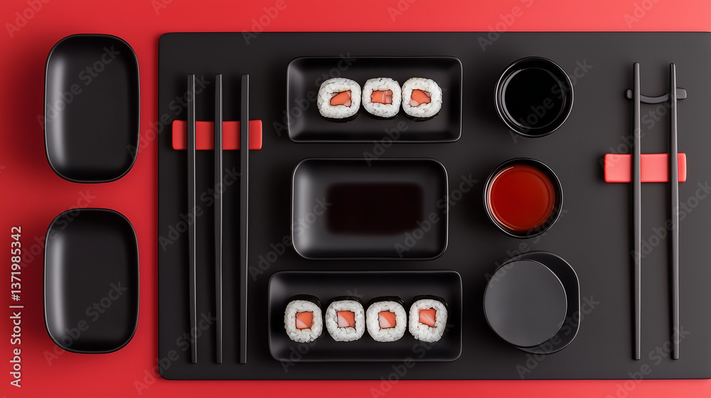 Fototapeta premium Sushi set on slate plates with soy sauce and chopsticks, showcasing minimalist elegance and culinary artistry.