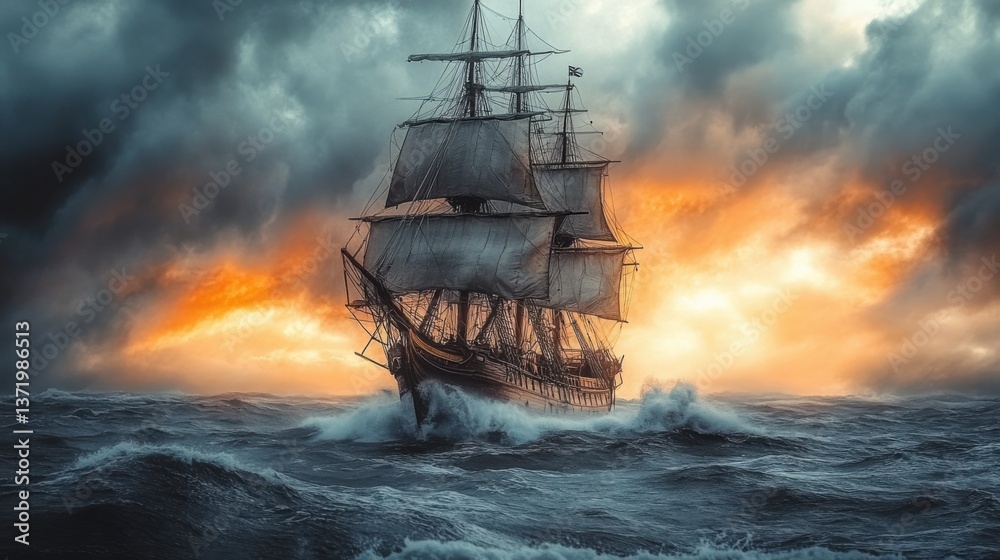 Obraz premium Old Wooden Pirate Ship Battling Stormy Seas Beneath a Dramatic Sky