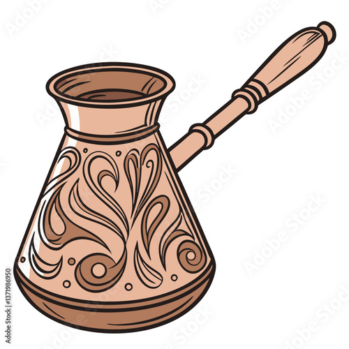 Traditional Turkish Coffee Pot with Ornate Copper Finish and Wooden Handle. Perfect for: Ramadan, Turkish Tea Houses, Coffee Shops, Home Brewing