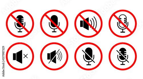 Isolated No sound signal sign, Warning sign, Quite and Silence area Red Pictogram vector design collection, Information sign graphic elements for Comminication (Editable)