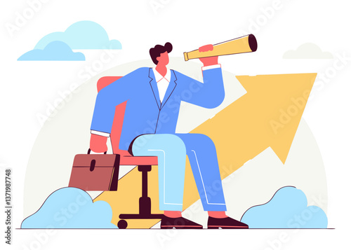 Business recruitment, giant businessman with magnifying glass, miniature job candidates, corporate hiring, flat illustration style, vibrant colors, blue suit, yellow tie, textured background, simplifi