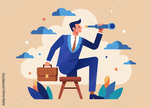Business recruitment, giant businessman with magnifying glass, miniature job candidates, corporate hiring, flat illustration style, vibrant colors, blue suit, yellow tie, textured background, simplifi