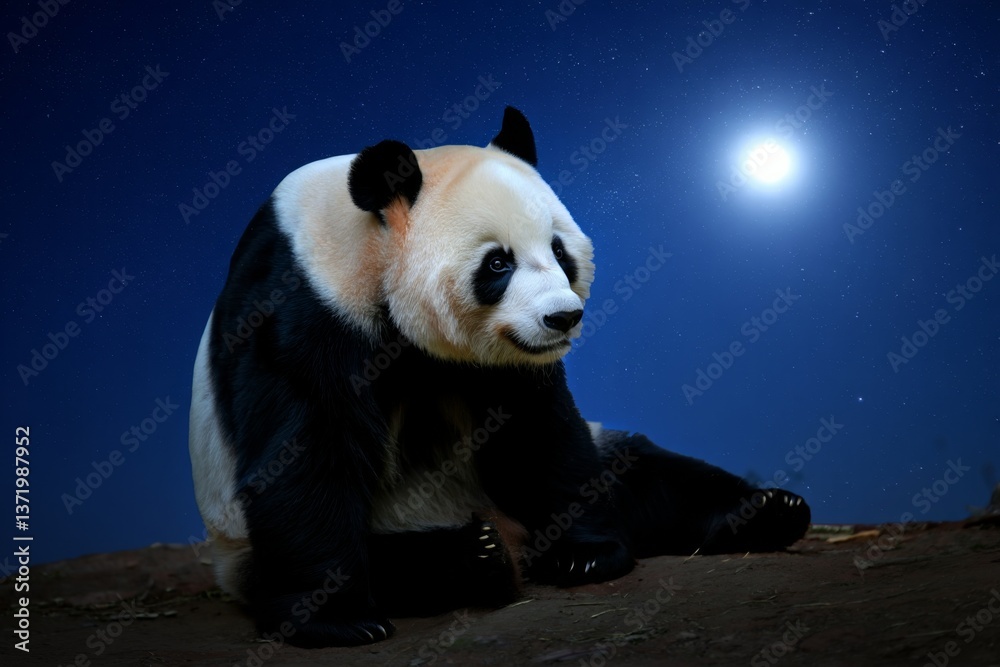 Obraz premium A panda bear sitting on top of a rock under a full moon