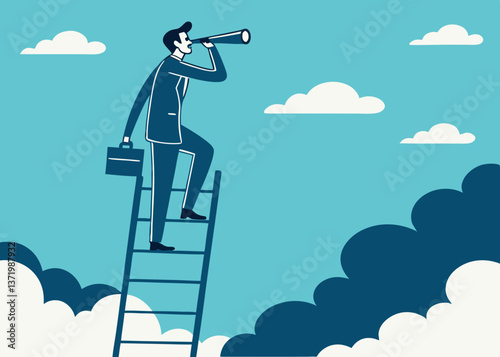 Business recruitment, giant businessman with magnifying glass, miniature job candidates, corporate hiring, flat illustration style, vibrant colors, blue suit, yellow tie, textured background, simplifi