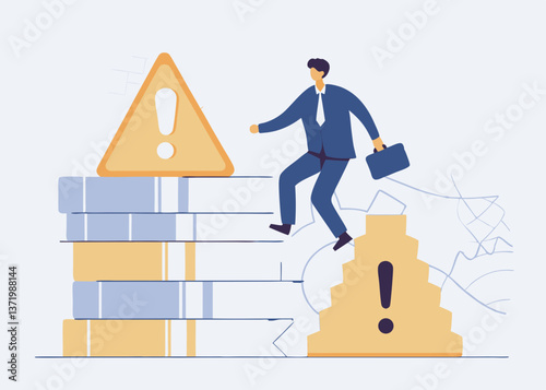 Business recruitment, giant businessman with magnifying glass, miniature job candidates, corporate hiring, flat illustration style, vibrant colors, blue suit, yellow tie, textured background, simplifi