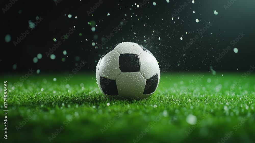 Fototapeta premium Soccer ball on wet grass field