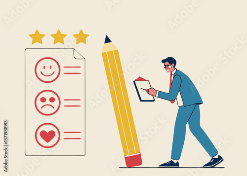 Business recruitment, giant businessman with magnifying glass, miniature job candidates, corporate hiring, flat illustration style, vibrant colors, blue suit, yellow tie, textured background, simplifi