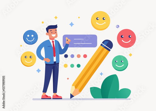 Business recruitment, giant businessman with magnifying glass, miniature job candidates, corporate hiring, flat illustration style, vibrant colors, blue suit, yellow tie, textured background, simplifi