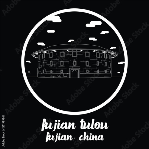 Circle Icon Fujian Tulou. Vector illustration
