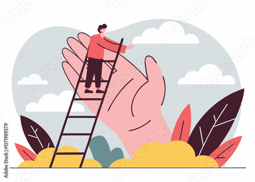 Business recruitment, giant businessman with magnifying glass, miniature job candidates, corporate hiring, flat illustration style, vibrant colors, blue suit, yellow tie, textured background, simplifi