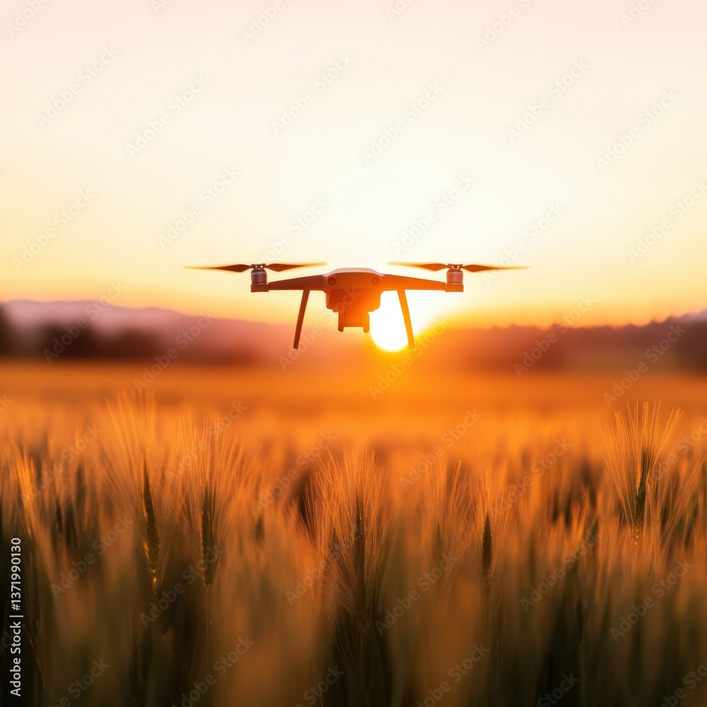 Drone flies over wheat field at sunset Drone flies over wheat field at sunset