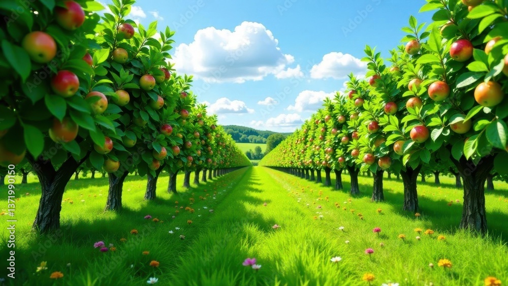 Fototapeta premium A picturesque orchard pathway lined with abundant apple trees, showcasing ripe, colorful fruit under a vibrant summer sky