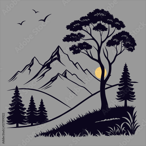 Snowy winter landscape with fir trees nestled in a cold, blue mountain forest