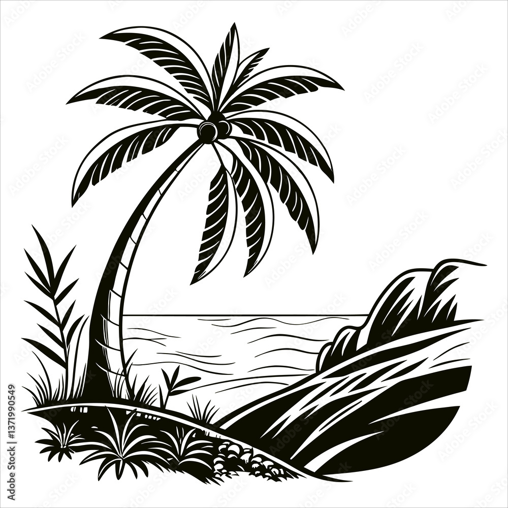 Obraz premium Tropical palm silhouettes frame a summer island paradise