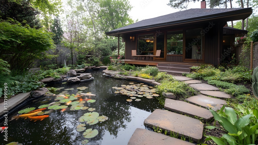 Obraz premium 37. A garden house with a tranquil koi pond and a stone pathway leading to it