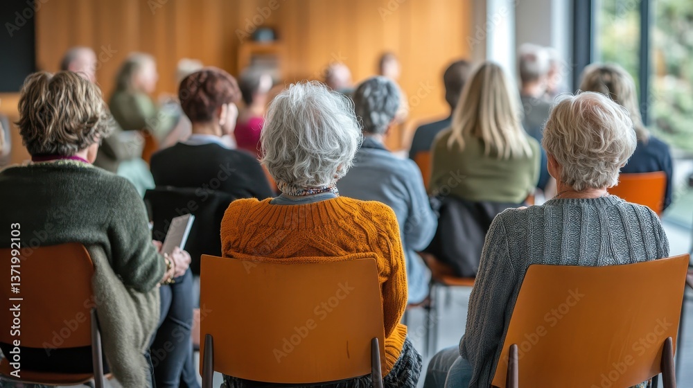 Rear view of diverse people attending meeting or conference indoors. Show audience for presentation, seminar, workshop, or educational event. Rear view of diverse people attending meeting or conference indoors. Show audience for presentation, seminar, workshop, or educational event.