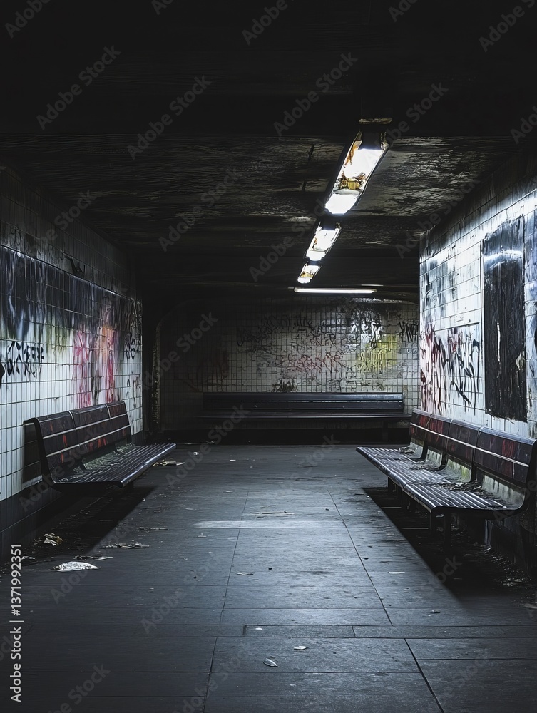 custom made wallpaper toronto digitalDeserted Subway Station with Graffiti and Rusted Benches – Minimalist Urban Decay