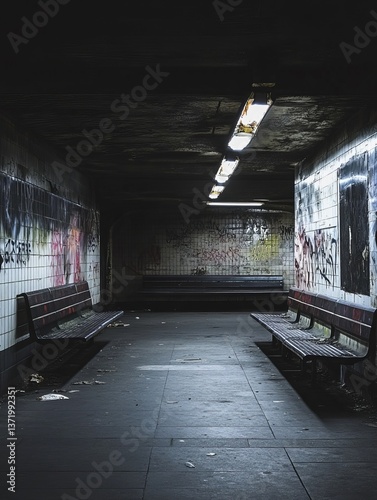 Wallpaper Mural Deserted Subway Station with Graffiti and Rusted Benches – Minimalist Urban Decay Torontodigital.ca