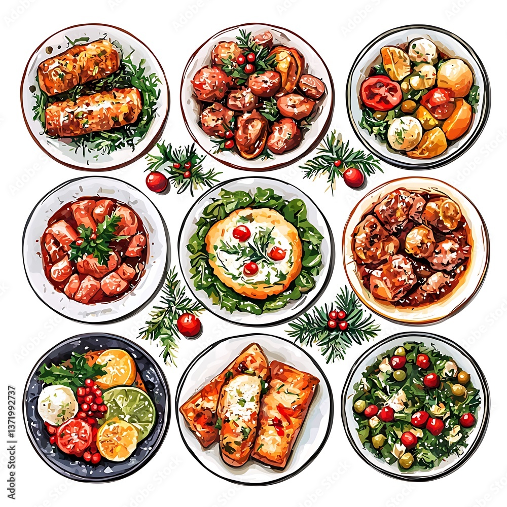 A Festive Collection of Delicious Holiday Dishes Top View of Nine Appetizing Plates. A Festive Collection of Delicious Holiday Dishes Top View of Nine Appetizing Plates.