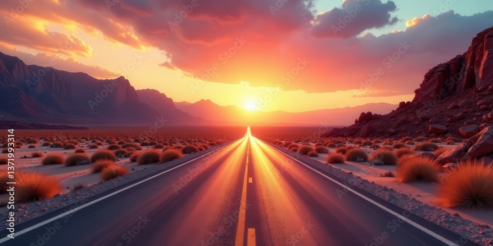 A scenic highway journey unfolds at sunset, showcasing a vibrant landscape of arid plains and majestic mountains under a fiery sky. A scenic highway journey unfolds at sunset, showcasing a vibrant landscape of arid plains and majestic mountains under a fiery sky.