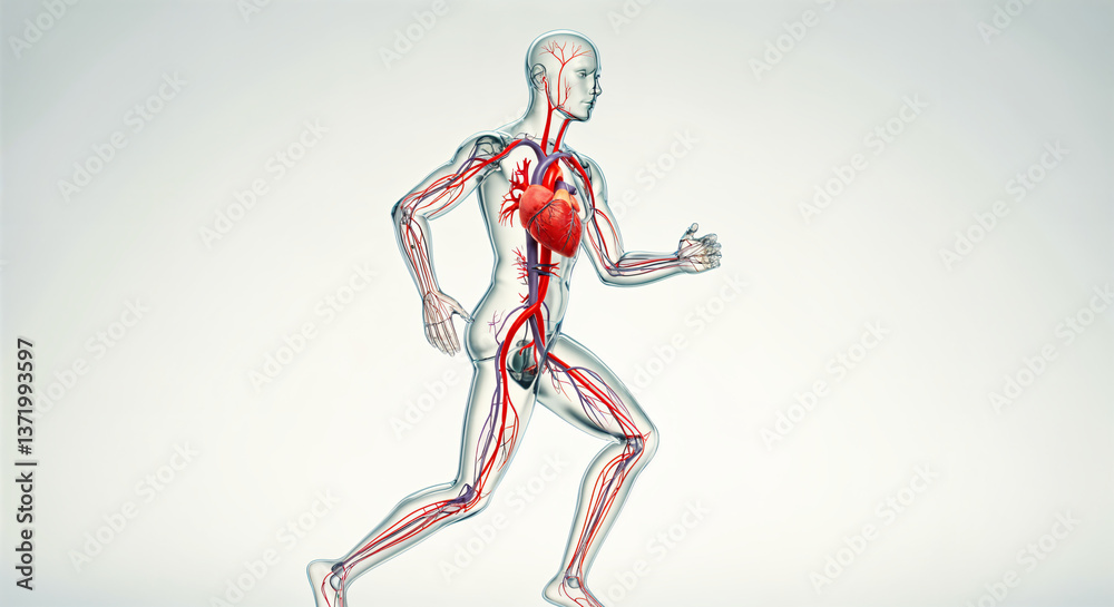 Illustration shows a running figure with the cardiovascular system visible, including heart and blood vessels. Illustration shows a running figure with the cardiovascular system visible, including heart and blood vessels.