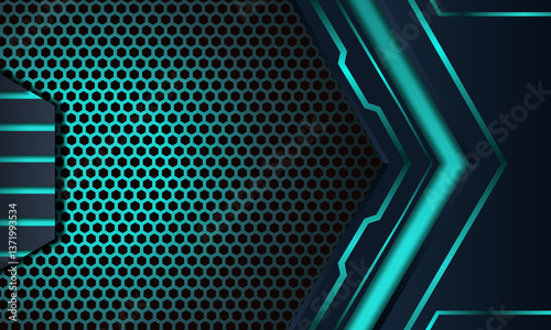Wallpaper Mural A high-tech background featuring a hexagonal mesh with glowing cyan neon accents. The sleek geometric lines and layered metallic details create a modern, cyber-inspired aesthetic. Torontodigital.ca