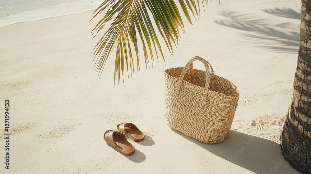 A beachside still life, straw accessories including hat and tote bag beside textured palm tree, worn leather sandals nearby