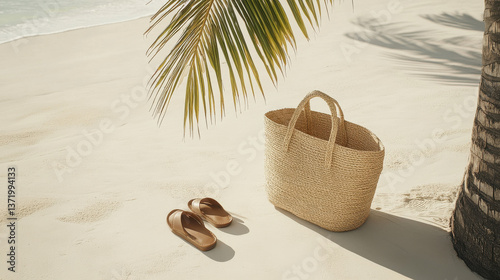 Obraz na płótnie A beachside still life, straw accessories including hat and tote bag beside textured palm tree, worn leather sandals nearby w salonie