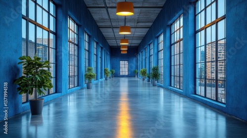Wallpaper Mural Blue Office Corridor with Concrete Floor and Loft Windows Torontodigital.ca