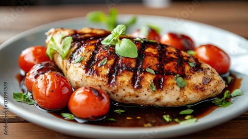 Grilled chicken breast with balsamic glaze and cherry tomatoes