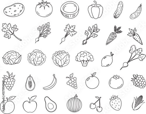 Fresh Food Doodle: Collection of detailed, line art drawings, illustrating a variety of fresh fruits, vegetables, and herbs. Perfect for food-related design projects.