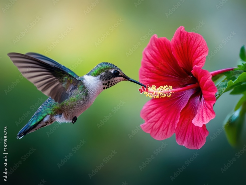 Naklejka premium Hummingbird drinking nectar from hibiscus flower
