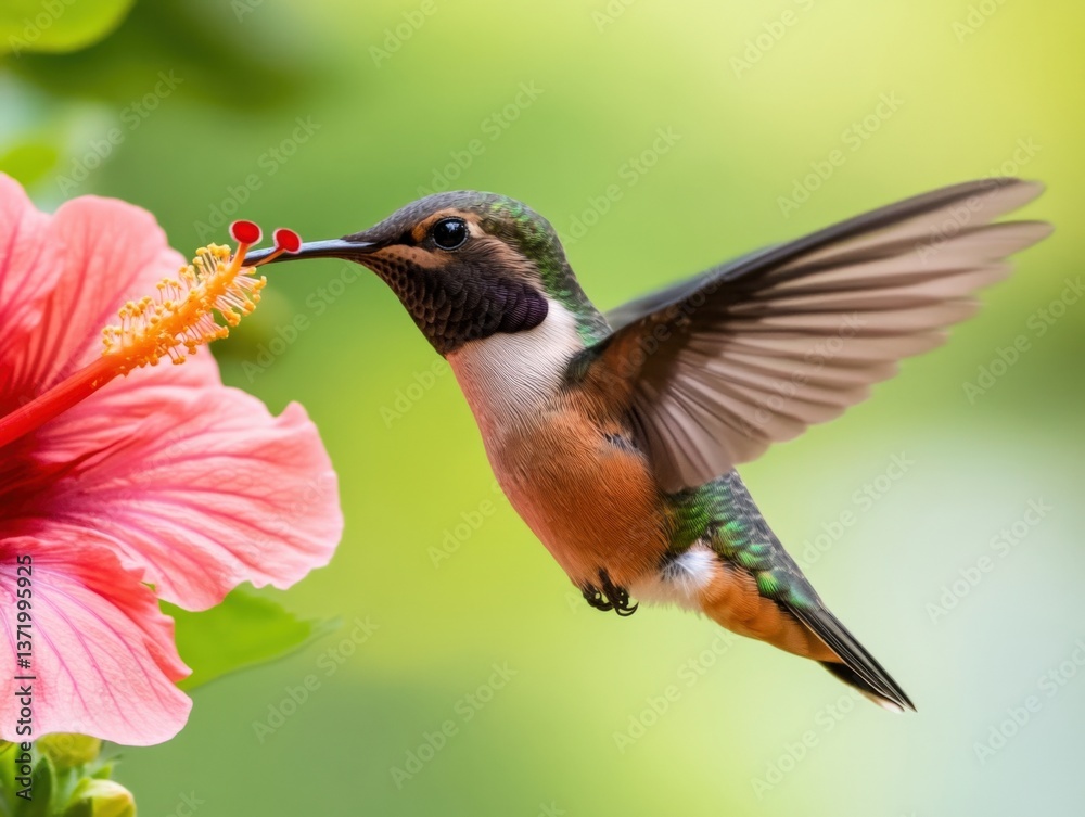 Naklejka premium Hummingbird drinking nectar from hibiscus flower