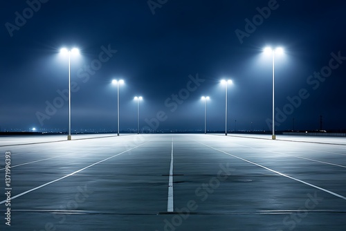 Empty parking lot illuminated by street lights at night, dark sky background, for travel or safety