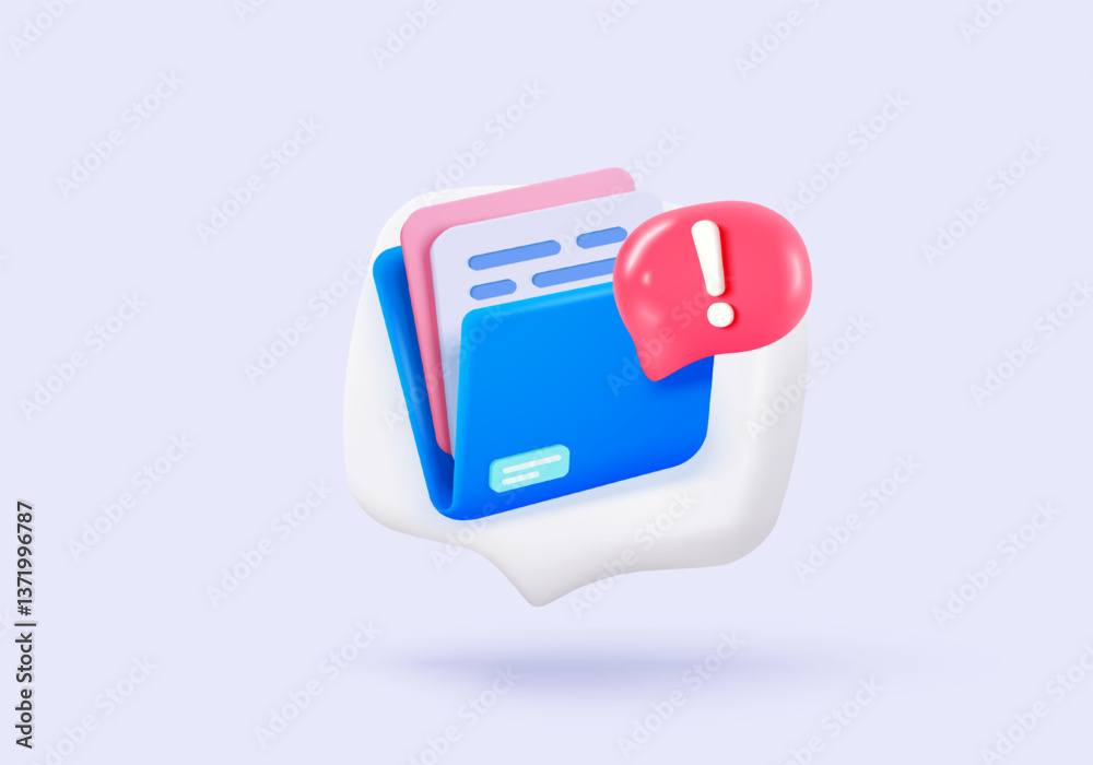 Fototapeta premium 3d folder and multimedia file management icon sign. document file work on project plan is lost. database negative report, document paperwork problem, fail warning. 3d icon vector render illustration