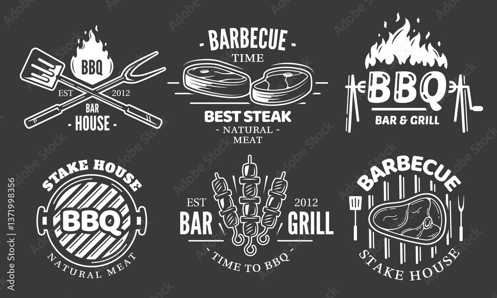 Fototapeta premium BBQ logo set isolated on black background. Grill labels vintage collections. Barbecue template with fire flame. Design elements bbq, grill, meat, kebab, fork, knife and spatula. Vector illustration