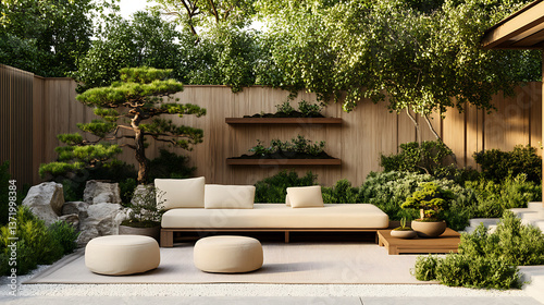 A chic Japanese garden setup with a low cedarwood sofa, cushioned ottomans, and a bonsai shelf, blending 2025 USA garden aesthetics, delivered as a PNG