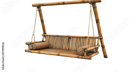A Japanese-style garden swing made from bamboo, suitable for small spaces like balconies, with comfortable seating and weather-resistant finish, isolated on white, high-quality PNG format