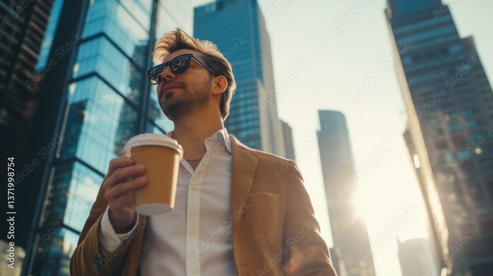 Fototapeta premium Stylish businessperson enjoying morning coffee on a vibrant city street, skyscrapers in the background, dynamic urban lifestyle