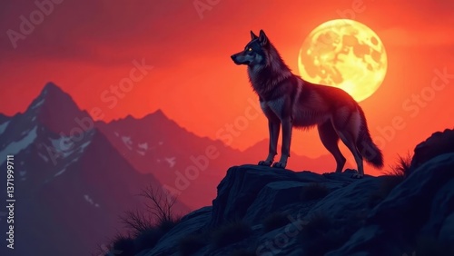 Majestic Wolf Silhouette at Sunset, Perched on a Rocky Peak, Against a Vibrant Sky and Large Moon
