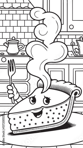 A
slice of pie with steam rising, smiling while holding a tiny fork.