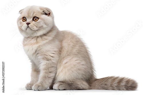 A fluffy white kitten, a purebred mix of Scottish Fold and British Shorthair, sits adorably