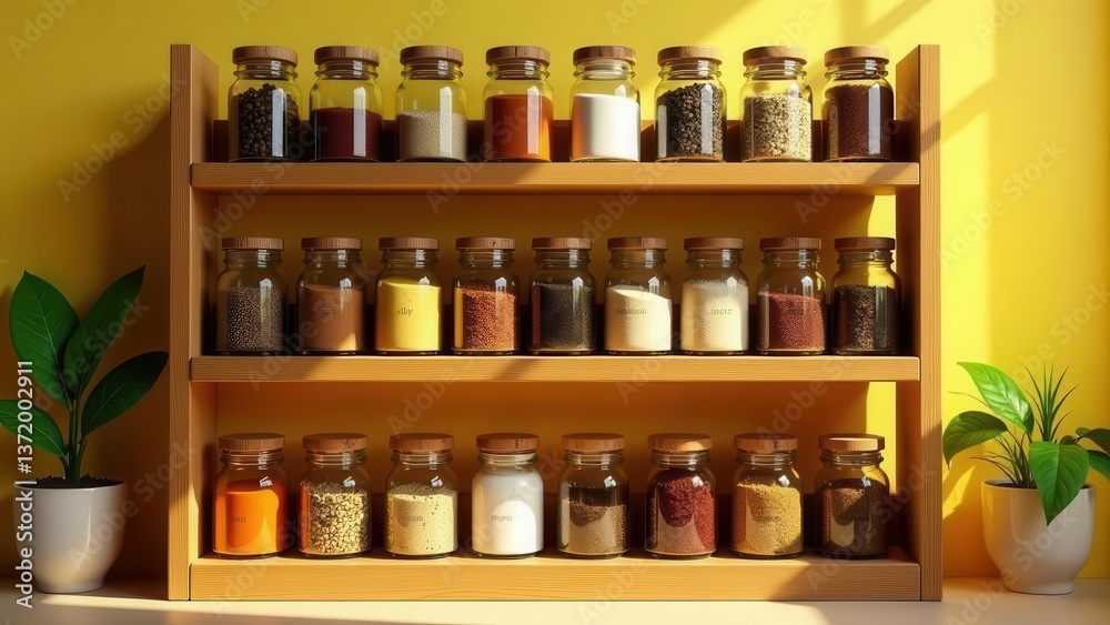 A well-organized collection of assorted spices and seasonings neatly arranged on a two-tiered wooden shelf, bathed in warm sunlight against a vibrant yellow backdrop A well-organized collection of assorted spices and seasonings neatly arranged on a two-tiered wooden shelf, bathed in warm sunlight against a vibrant yellow backdrop