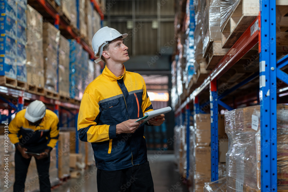 Man warehouse worker wearing uniform and helmet safety standing with clipboard for checking stock products on shelves in warehouse. Logistics, Distribution Center concept Man warehouse worker wearing uniform and helmet safety standing with clipboard for checking stock products on shelves in warehouse. Logistics, Distribution Center concept